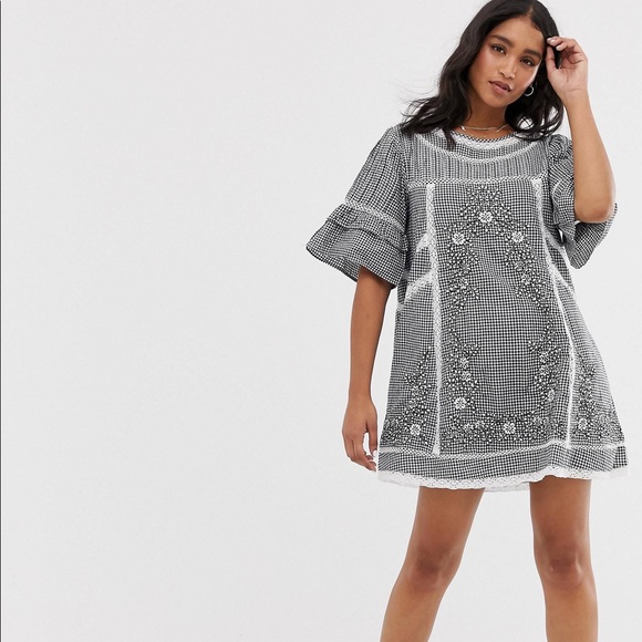 Free People Dresses & Skirts - Free People dress Sunny Day Shirt mini crochet lace gingham embroidery